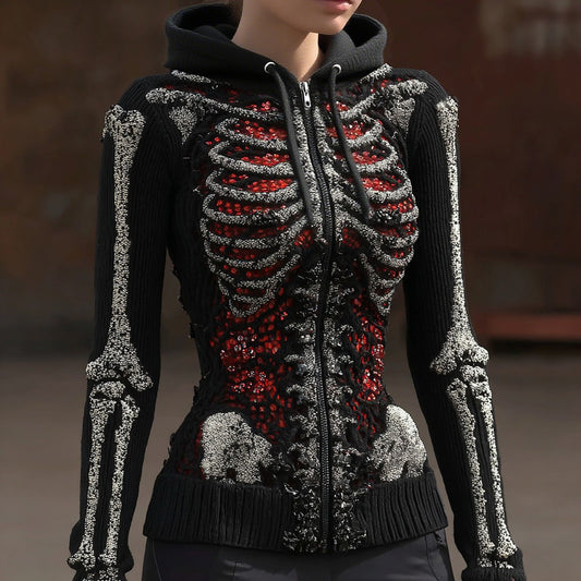 Comstylish Women's Vintage Halloween Skull Sequin Art Knit Zipper Sweater