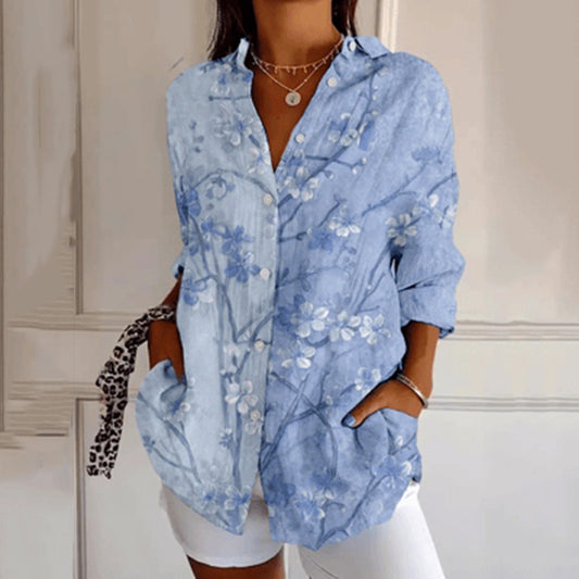 Women's Vintage Floral Contrast Art Print Casual Linen Shirt artswardrobe