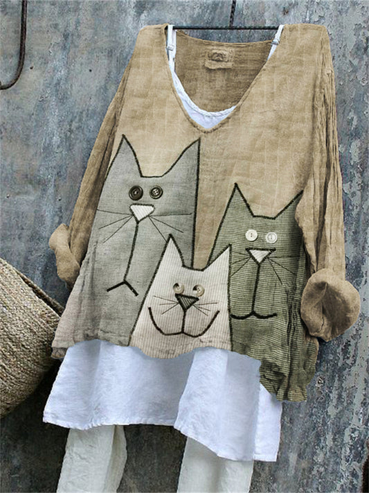 Lovely Cats Patchwork Fiber Art Linen Blend Tunic elevenforest
