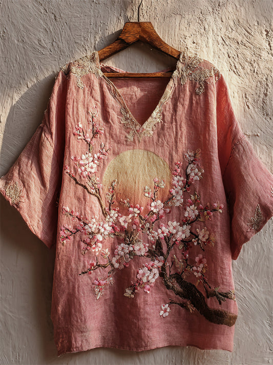 Japanese Cherry Blossom Full Moon Embroidered Linen Tunic artswardrobe