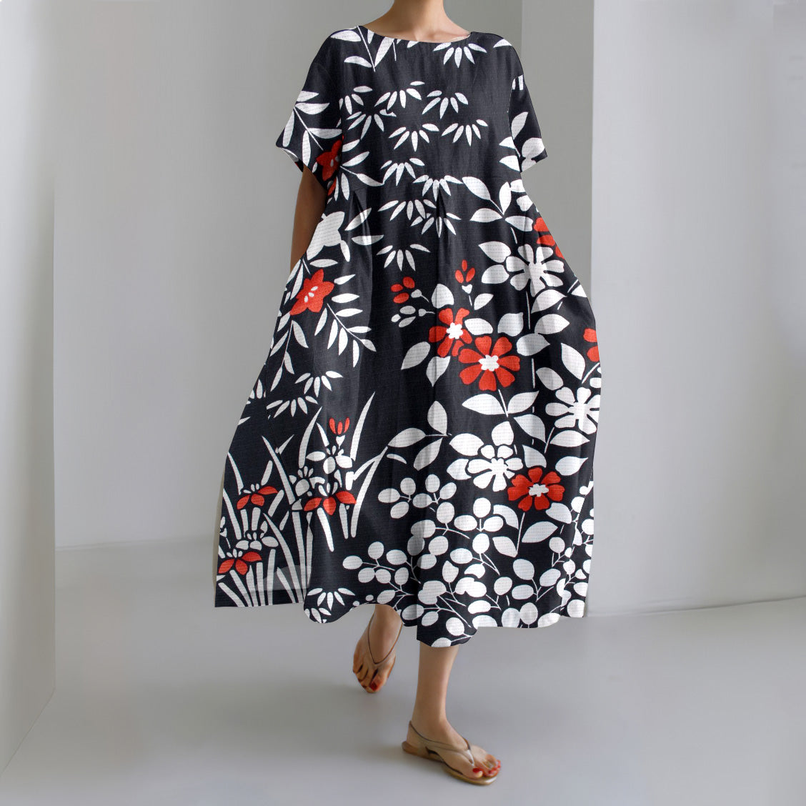 Comstylish Japanese Art Flower Print Short Sleeve Loose Midi Dress