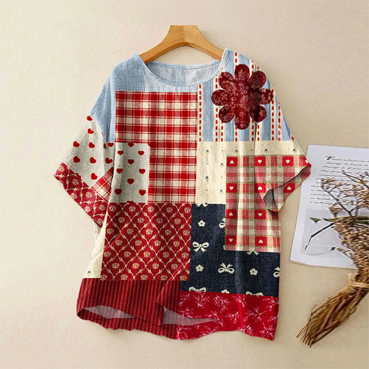 Comstylish Vintage Abstract Geometric Lines Flower Linen Art Print Short Sleeve Round Neck Shirt