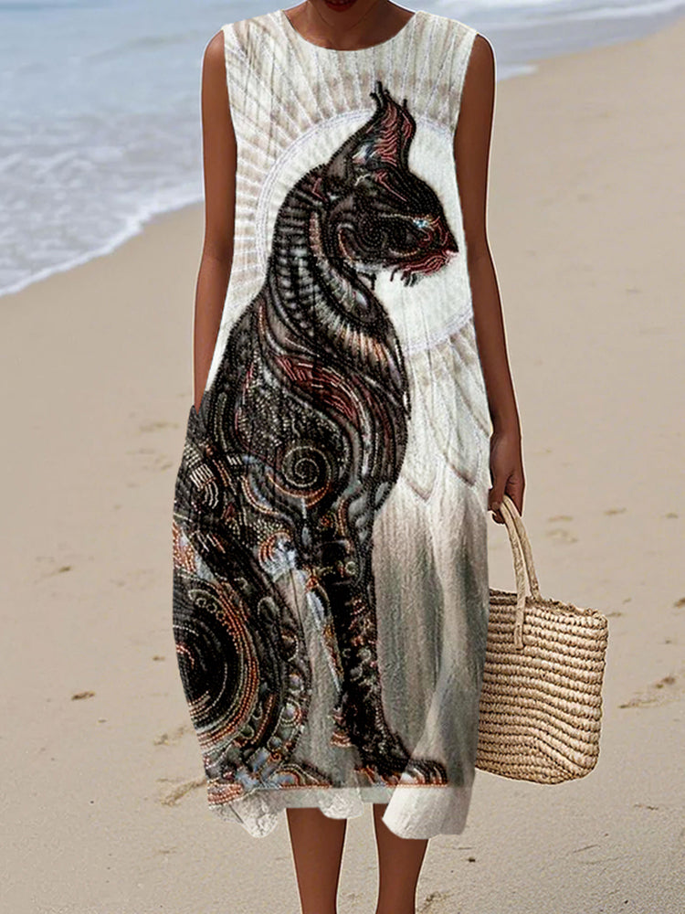 Egyptian Cat Goddess Bast Bead Embroidered Linen Midi Dress elevenforest