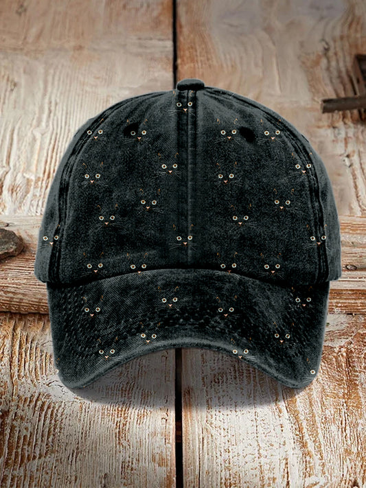 Cute Cat Face Pattern Vintage Washed Cap elevenforest