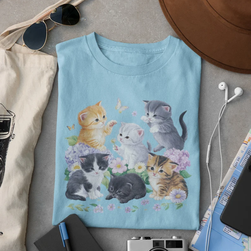 Abstract Creative  Aesthetic Cat Butterfly Flower Wildflower Cat Art Print Cotton Graphic T-shirt elevenforest