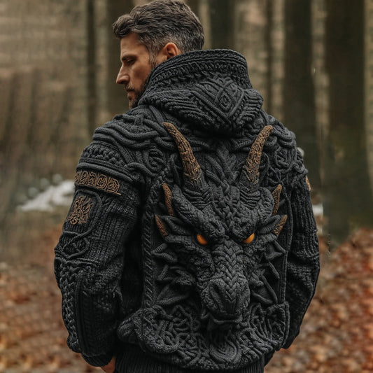 Men's Viking Dragon Art Celtic Knit Cozy Hooded Sweater artswardrobe