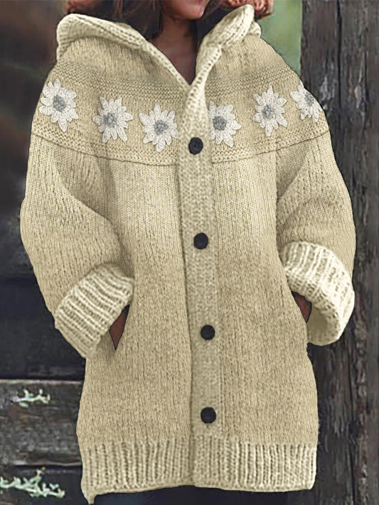 Vintage Flowers Crochet Yoke Cozy Knit Hooded Cardigan elevenforest