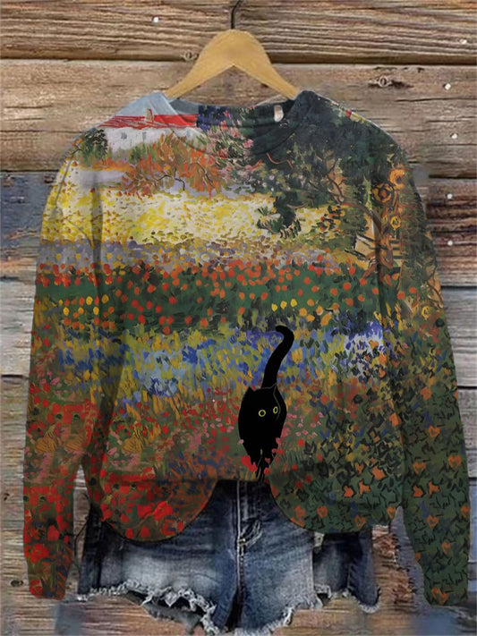 Women's Casual Japanese Art Funny Black Cat Print Sweatshirt elevenforest