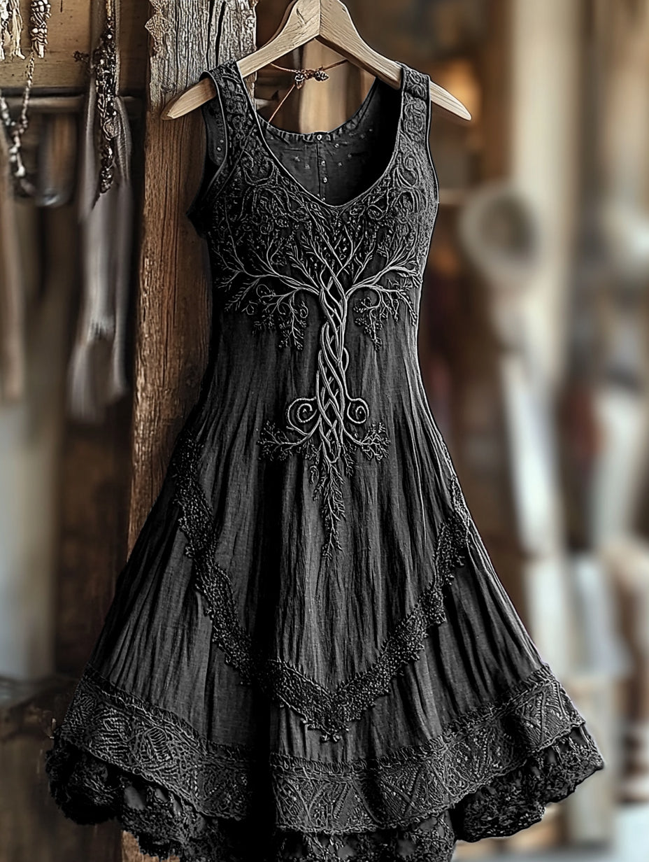 Women's Vintage  Viking Tree Of Life Gradient Linen Dress artswardrobe