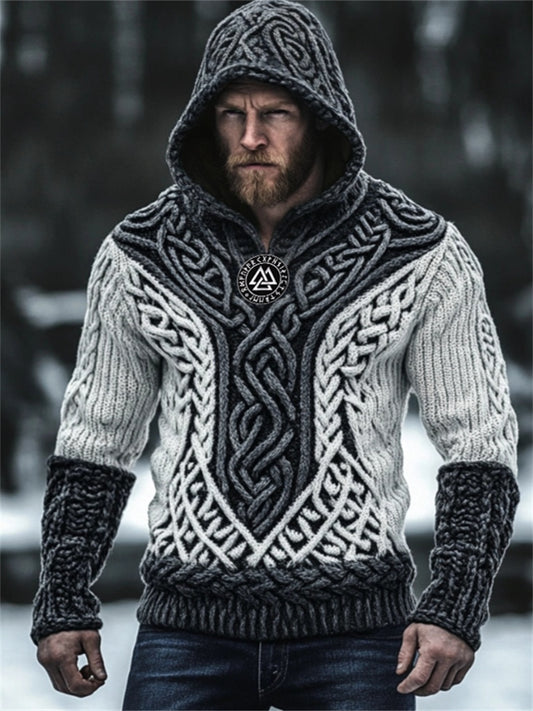 Men's Viking Embroidered Celtic Contrast Chunky Hooded Sweater artswardrobe