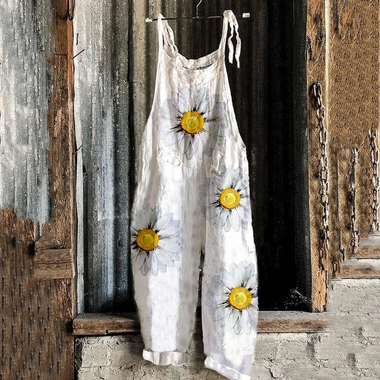 Women's Bohemian Style Daisy Floral Linen Print Cotton Linen Jumpsuit artswardrobe