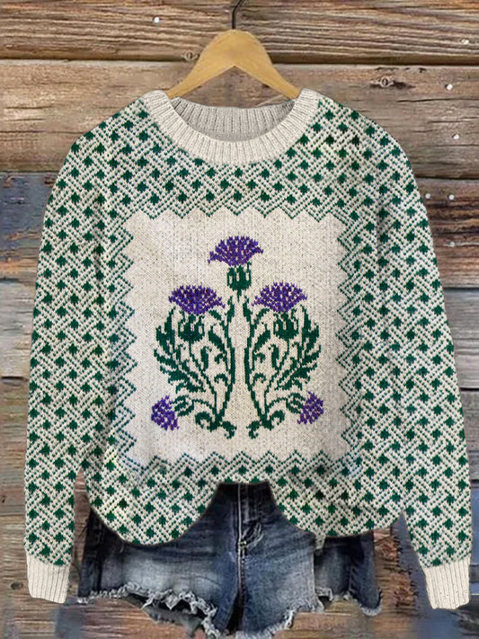 Vintage Scottish Thistle Floral Women's Knit Sweater artswardrobe
