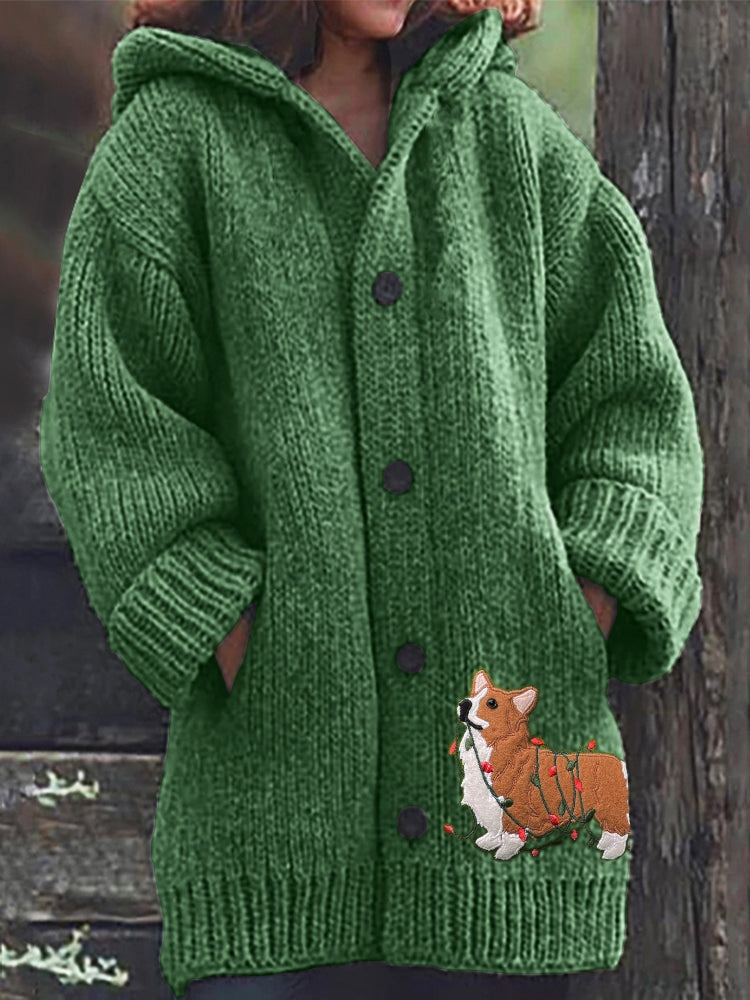 Comstylish Funny Christmas Corgi Dog Embroidered Cozy Hooded Cardigan