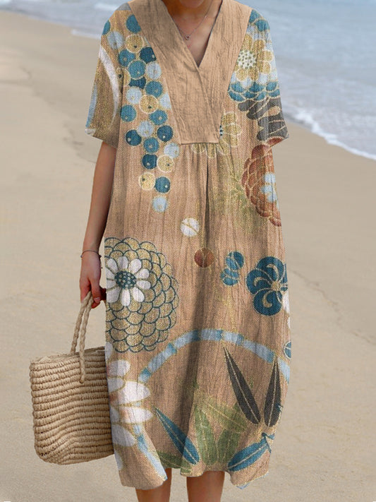 Japanese Traditional Floral Print Linen Blend Vintage Dress
