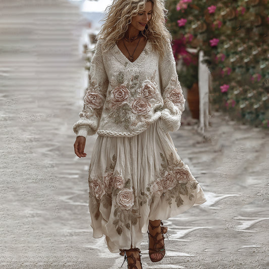 Classic Rose Art Cozy Knit V Neck Sweater And Linen Skirt Two-piece Set elevenforest