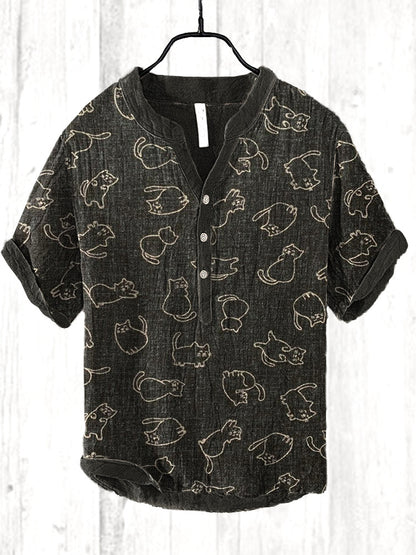 Vintage Japanese Cats Printed Casual Cozy Cotton Linen Shirt elevenforest