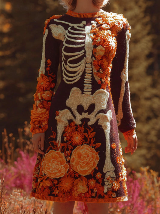 Women's Halloween Warm Tone Skull Rose Embroidered Dress artswardrobe