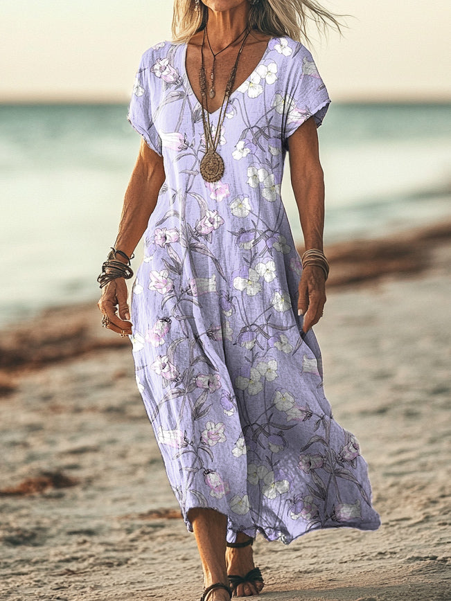 Women's Floral Pattern Art Print Pocket Cotton Dress