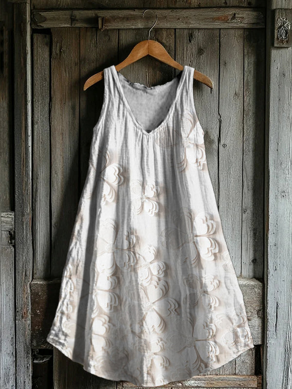 Women's Floral Art Print V-Neck Pocket Cotton Dress