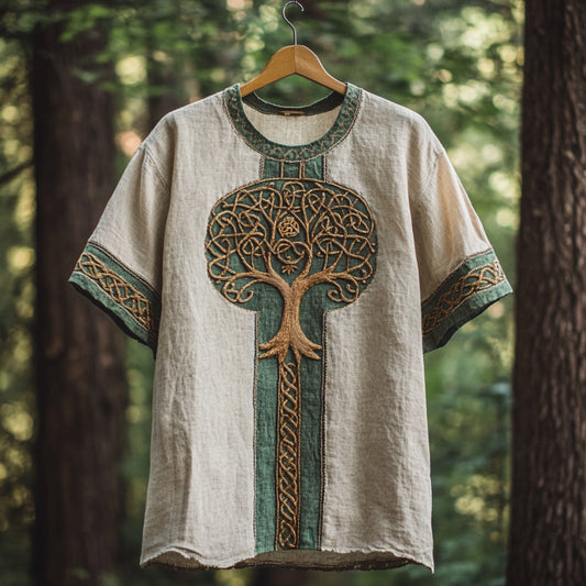 Men's Viking Tribal Tree Of Life With Celtic Art Linen T-shirt artswardrobe