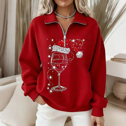 Comstylish Women's Christmas Wine Glass Print Zipper Sweatshirt