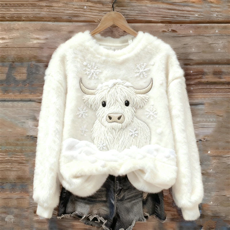 Highland Cow & Snow Embroidered Cozy Plush Sweatshirt