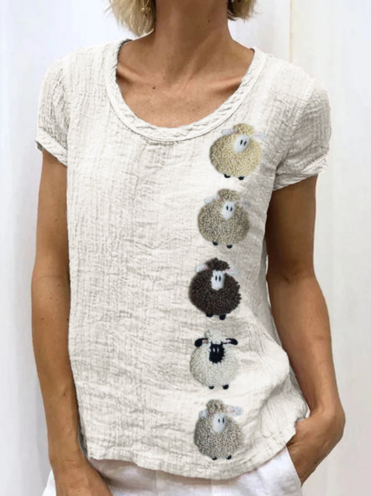Colorful Sheep Embroidered Linen Shirt artswardrobe