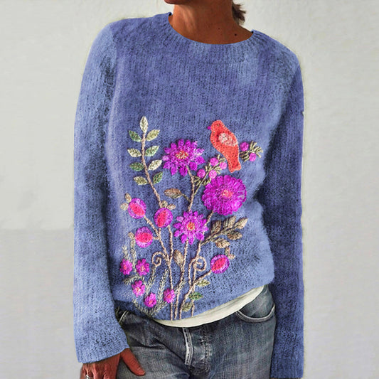 Vintage Floral Bird Embroidery Print Crew Neck Sweater elevenforest