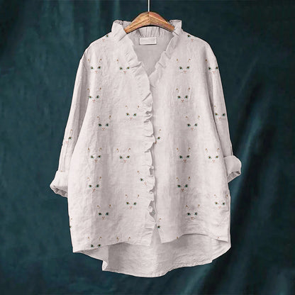 Cute Cat Face Pattern Cozy Linen Ruffle Shirt elevenforest