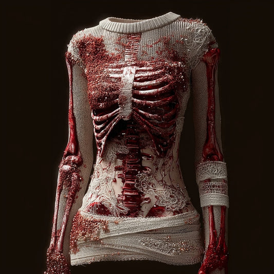 Elegant Skeleton Bloody Lace Bandages Round Neck Sweater artswardrobe