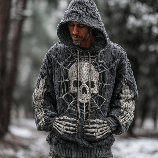 Men's Viking-style Skull And Spider Web Vintage Distressed Sweater elevenforest