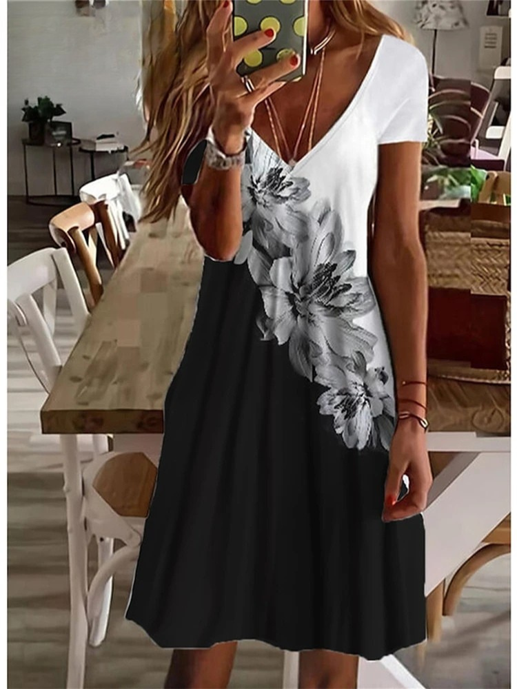 LM | Women's Sundress Midi Dress Short Sleeve Floral Print Summer Casual V Neck Loose Dresses Plus Size 2024 Women's Clothing Vestidos