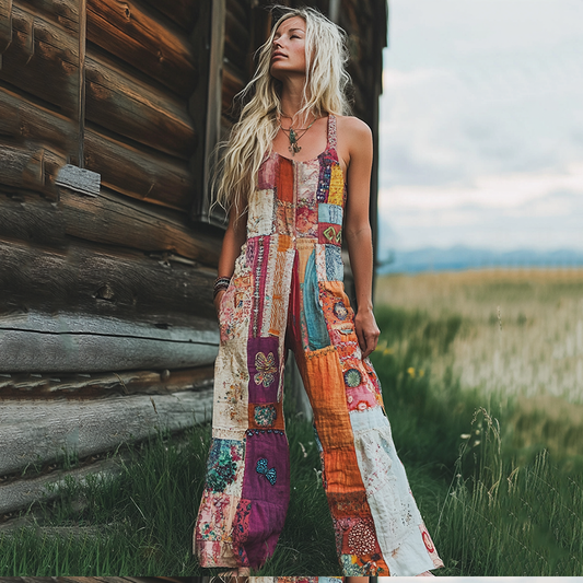 Women's Pink Floral Patchwork Linen Print Cotton Linen Jumpsuit artswardrobe