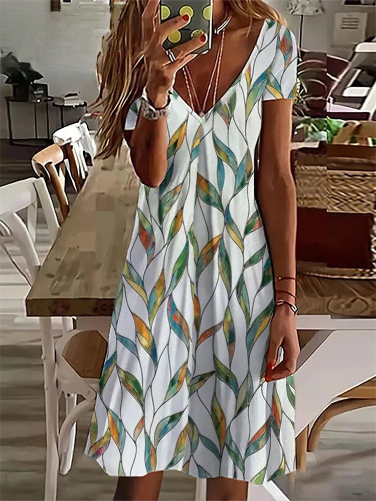 LM | Women's Sundress Midi Dress Short Sleeve Floral Print Summer Casual V Neck Loose Dresses Plus Size 2024 Women's Clothing Vestidos