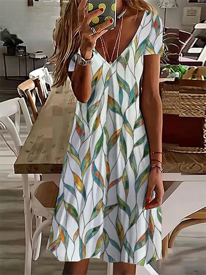LM | Women's Sundress Midi Dress Short Sleeve Floral Print Summer Casual V Neck Loose Dresses Plus Size 2024 Women's Clothing Vestidos