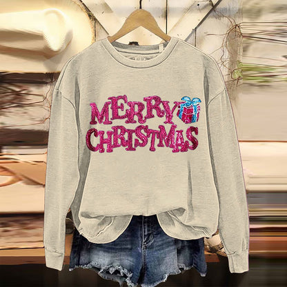 Comstylish Merry Christmas Embroidered Crew Neck Sweatshirt