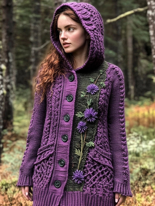 Scottish Thistle Flower Women's Hooded Cardigan elevenforest