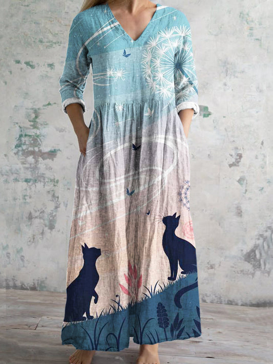 Butterfly & Cat Element Printed Women's V-neck Linen Maxi Dress elevenforest