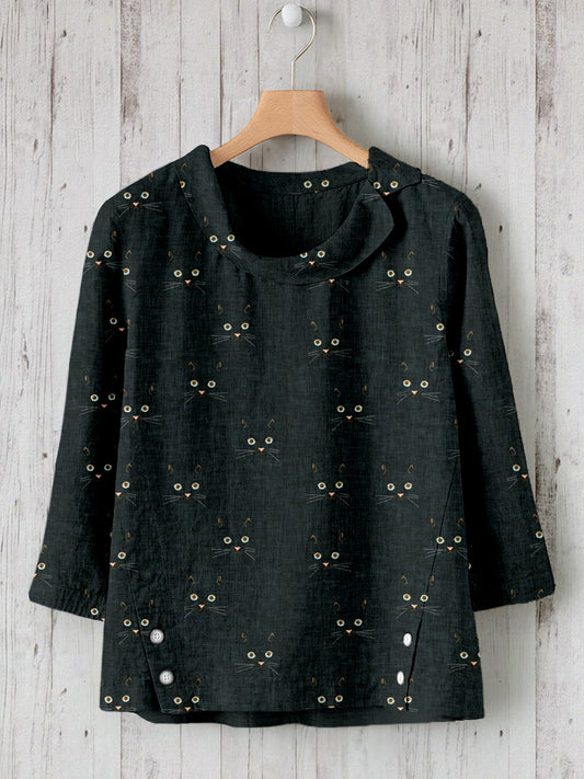 Cute Cat Face Pattern Linen Blend Cozy Tunic elevenforest