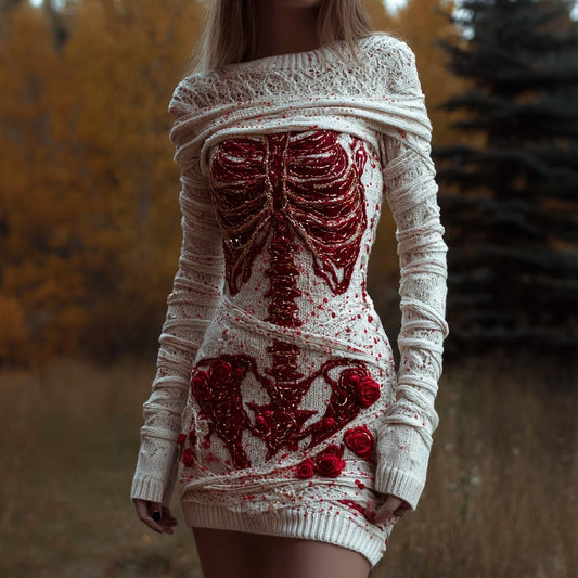 Comstylish Vintage Bloody Skeleton Anatomy Roses Bandages Sweater Dress