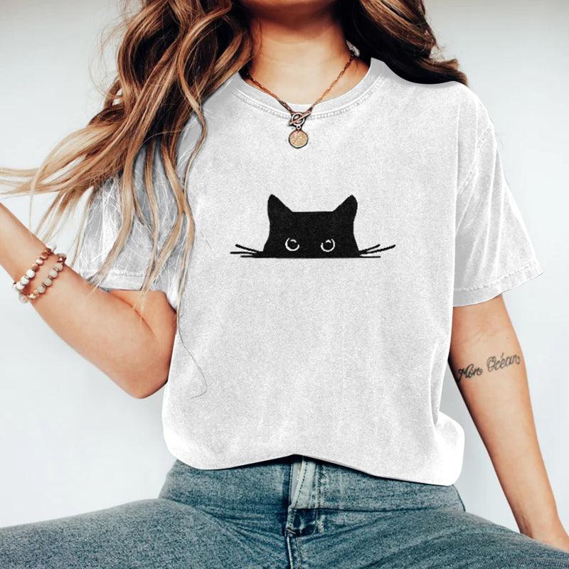 Abstract Creative Embroidered Black Cat Art Print  T-shirt elevenforest