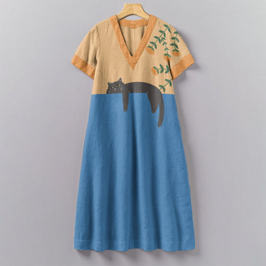 Vintage Abstract Creative Lazy Black Cat Painting Art Pattern Painting V-Neck Dress elevenforest