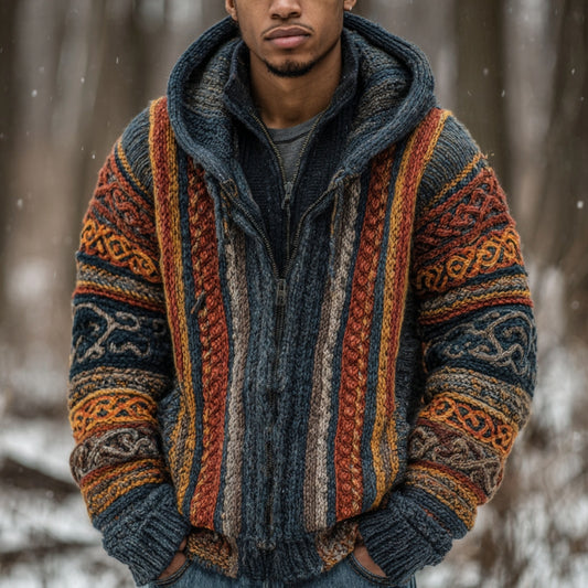 Men's Vintage Colorful Striped Celtic Art Jacquard Thick Warm Zip Hooded Sweater Cardigan artswardrobe