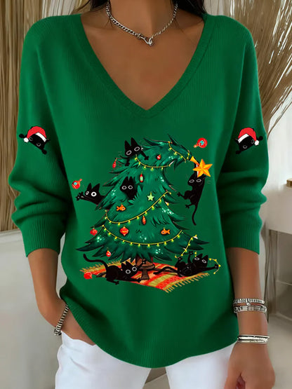 Comstylish Women's Christmas Funny Cat Printed Tops
