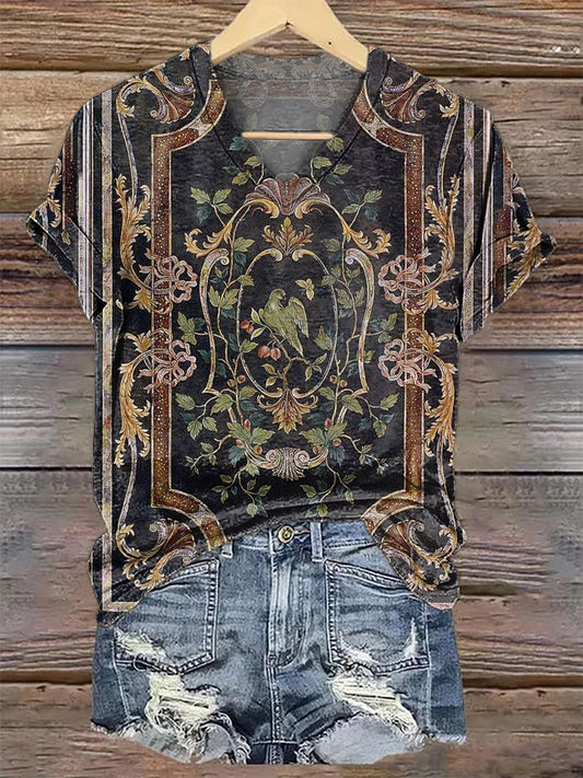 Women's Vintage Ethnic Floral Art Print V-Neck Casual T-Shirt