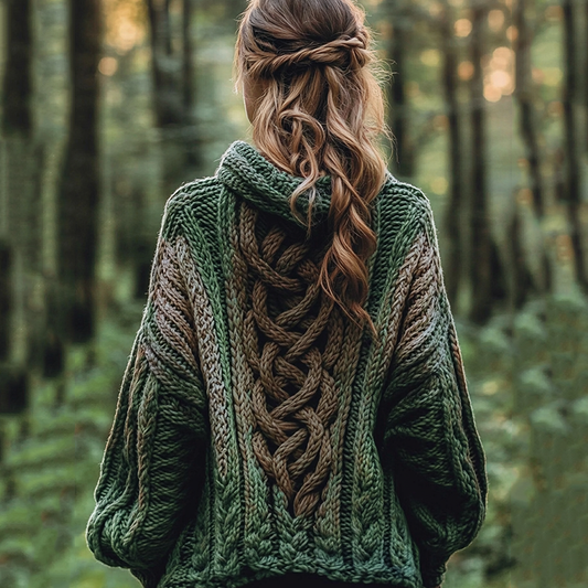 Women's Gradient Celtic Knot Retro Chunky Knit Hooded Cardigan artswardrobe