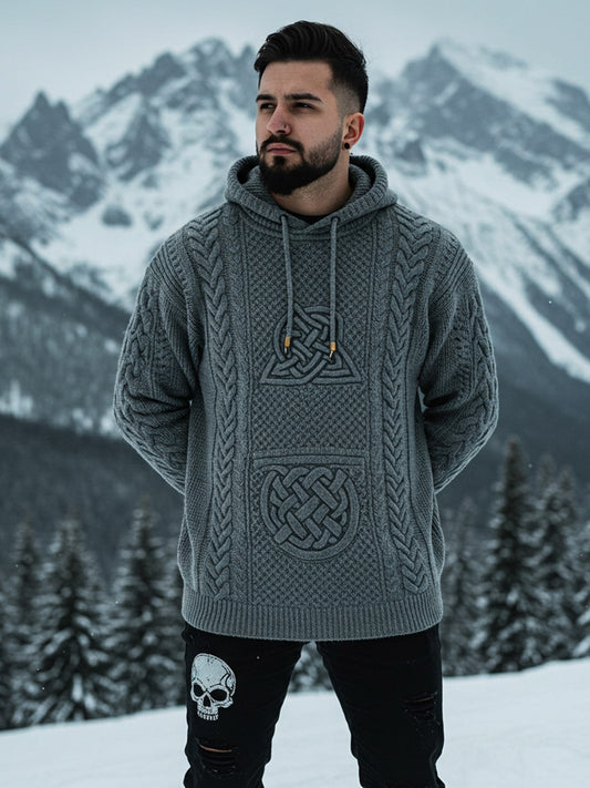Men's Viking Tribal Eagle Jacquard Celtic Inspired Chunky Knit Hooded Sweater elevenforest