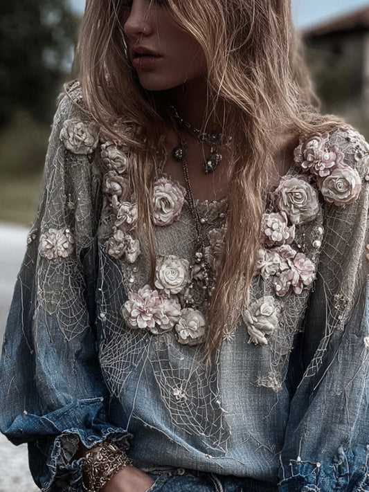 Comstylish Pink Rose And Melancholy Blue Casual Long-sleeved Top