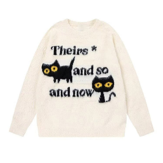 Abstract Cute Black Cat Graphic Jacquard Art Fuzzy Knit Unisex Sweater elevenforest