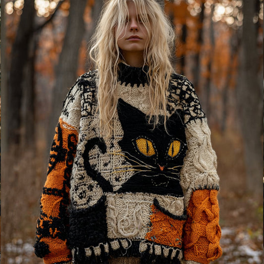 Women's Halloween Cat-cat Patchwork Round-neck Sweater elevenforest
